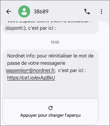lien de réinitialisation du mot de passe par SMS